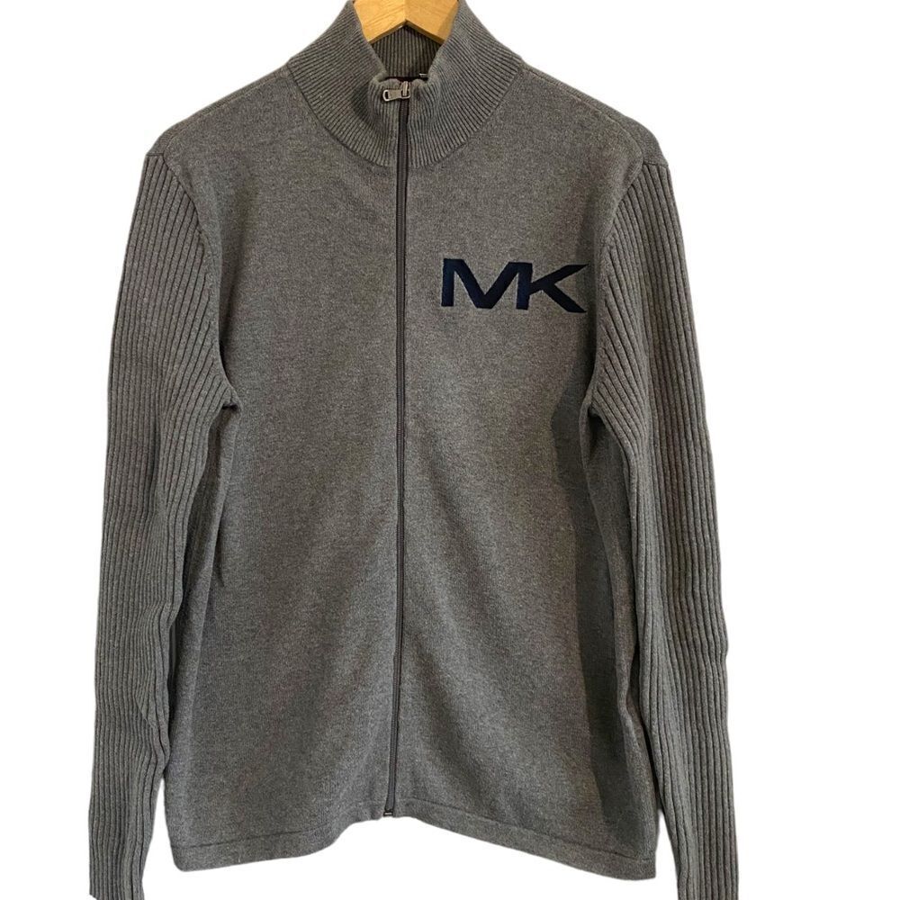 Michael Kors MK Embroidered Full Zip Up Gray Sweater Size Medium